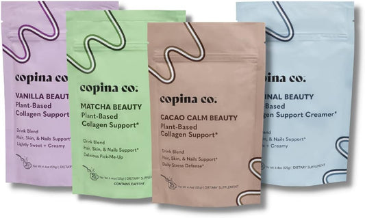 Plant-Based Vegan Collagen Booster Mix Variety Pack - 4 Flavors, 25 Servings per Bag - Matcha, Vanilla, Original, Cacao - Copina Co. Smoothie Drink Vegan Blend
