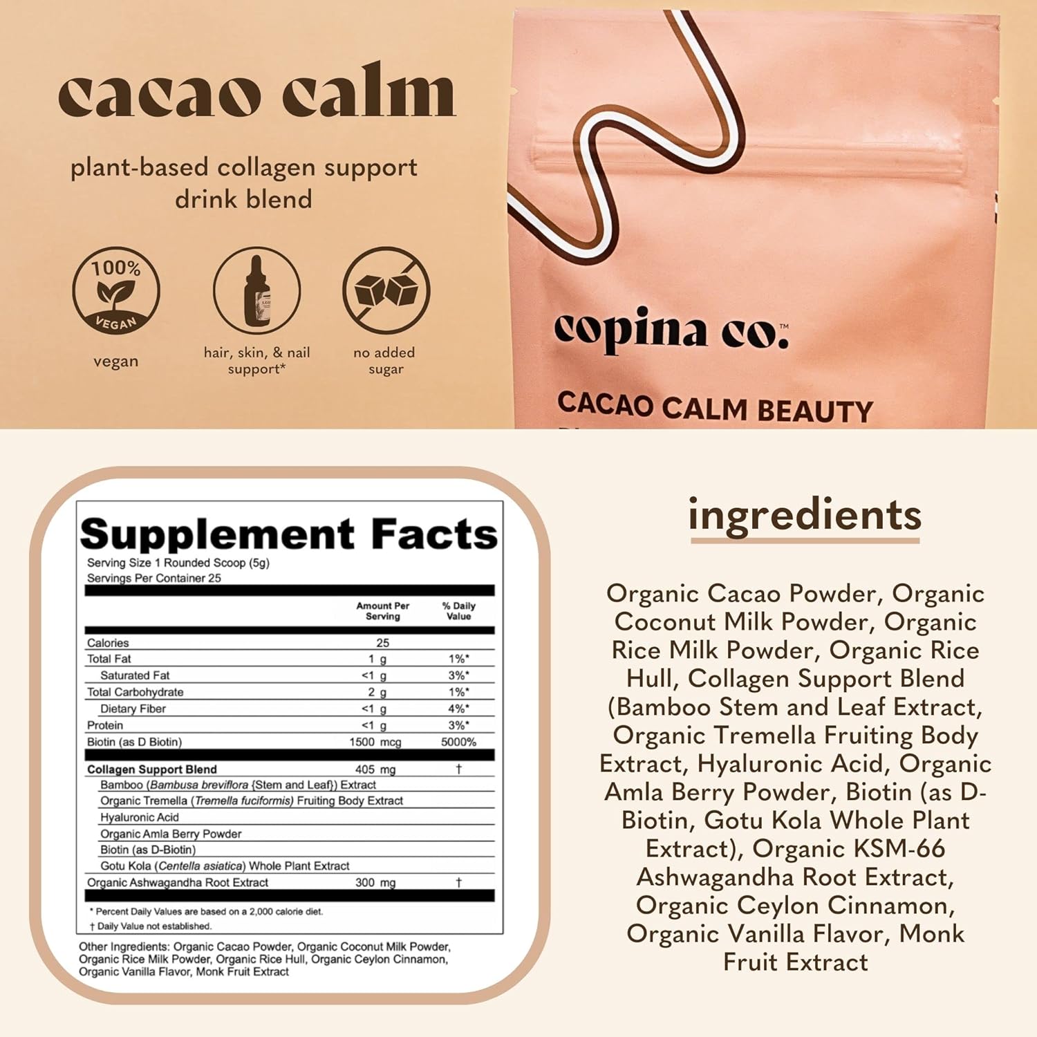 Plant-Based Vegan Collagen Booster Mix Variety Pack - 4 Flavors, 25 Servings per Bag - Matcha, Vanilla, Original, Cacao - Copina Co. Smoothie Drink Vegan Blend