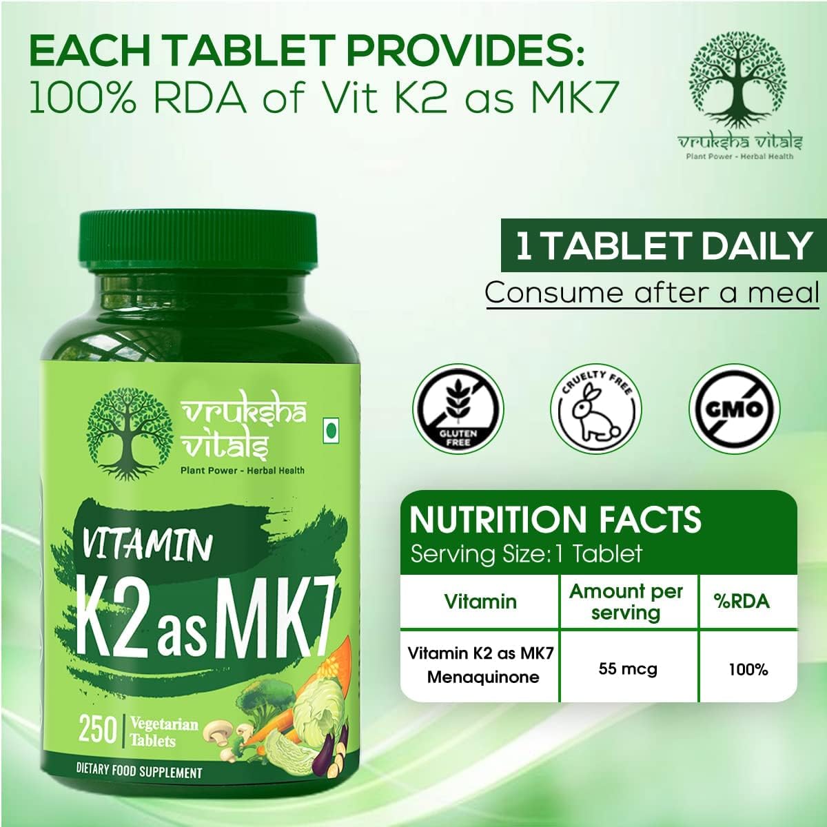 Plant Based Vegan Vitamin K2 as MK7 55mcg Supplement - 250 Tablets
