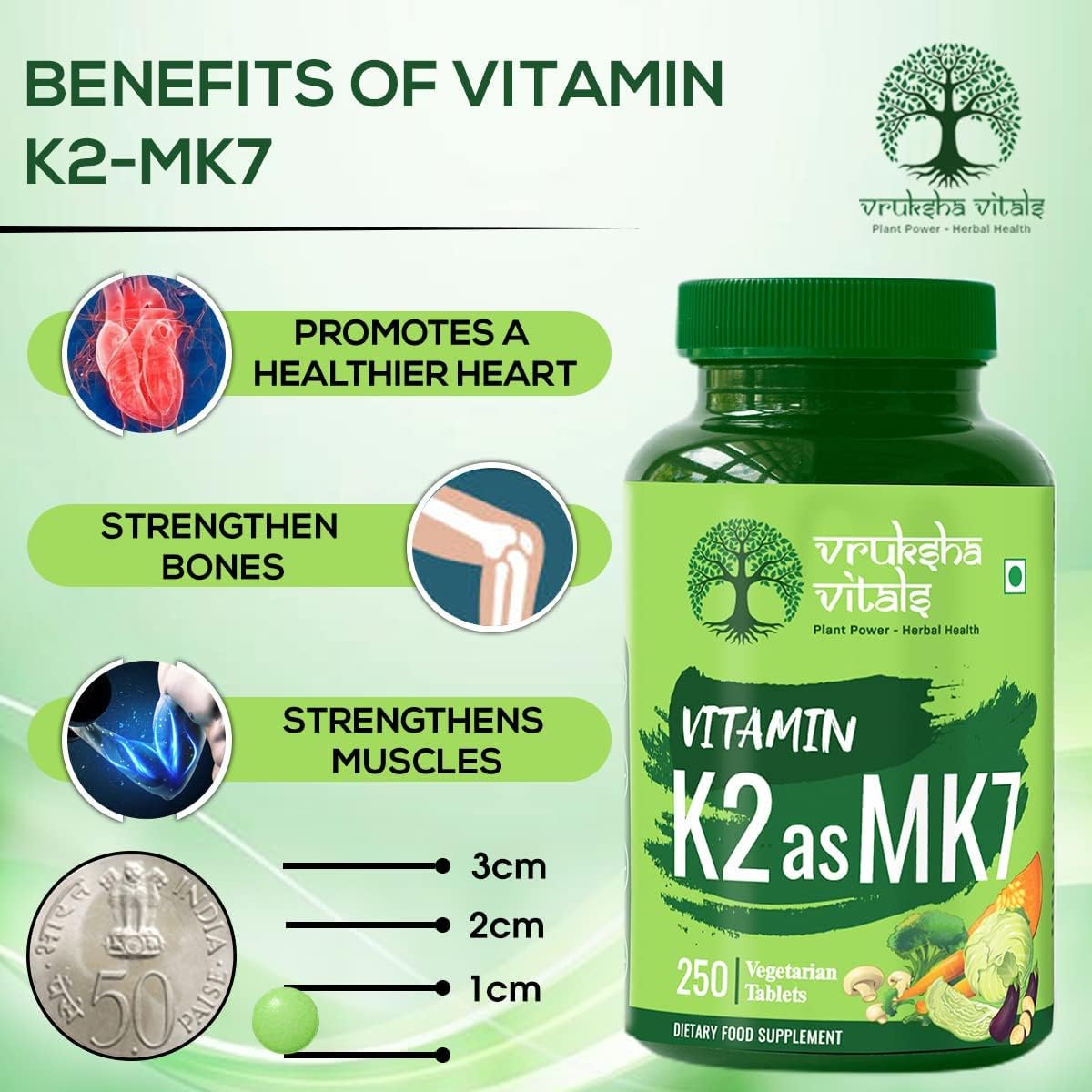 Plant Based Vegan Vitamin K2 as MK7 55mcg Supplement - 250 Tablets