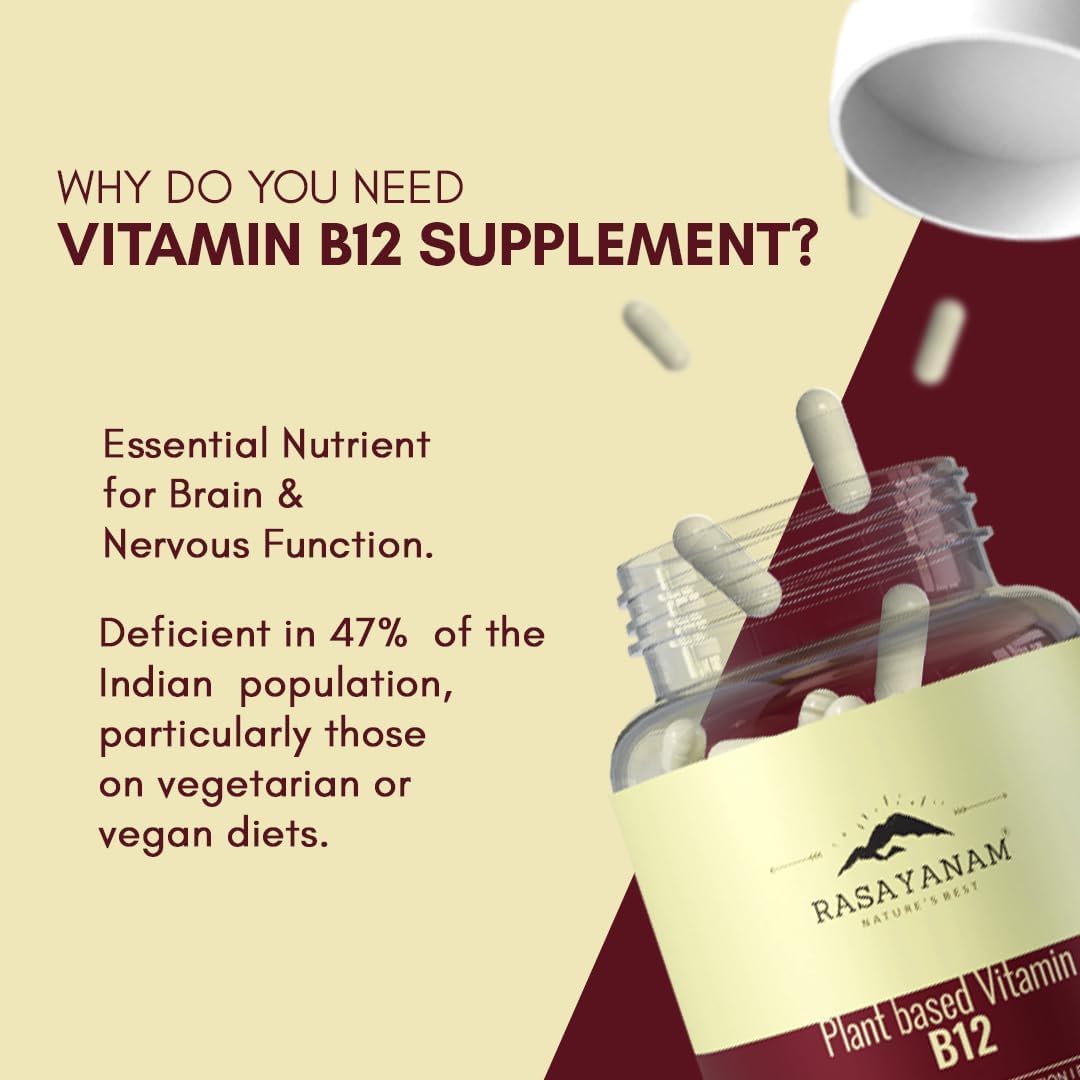 Plant Based Vitamin B12 Supplement for Men & Women | Organic Caplets for Vegetarians & Vegans | Supports Nervous System & Brain Function
