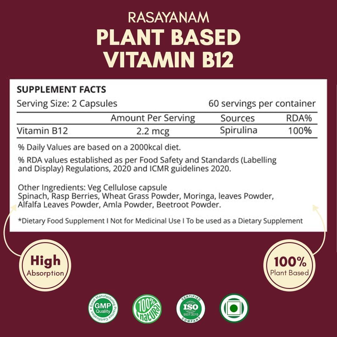 Plant Based Vitamin B12 Supplement for Men & Women | Organic Caplets for Vegetarians & Vegans | Supports Nervous System & Brain Function