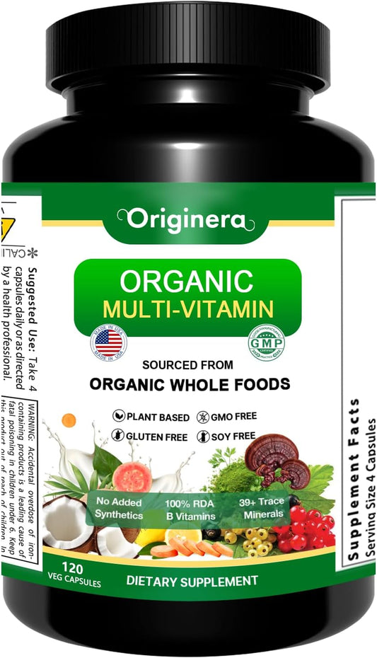 Plant-Sourced Organic Whole Foods Multi-Vitamin Supplement with Immune, Brain, and Heart Support - Vegan Capsules for Men & Women