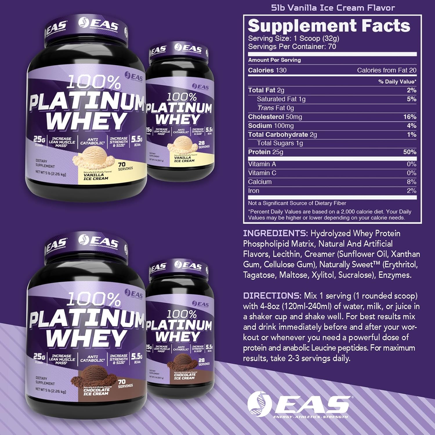 Platinum Whey Protein Blend for Size & Strength | 25g Protein, 5.5g BCAAs | 5lb Strawberry Ice Cream Flavor