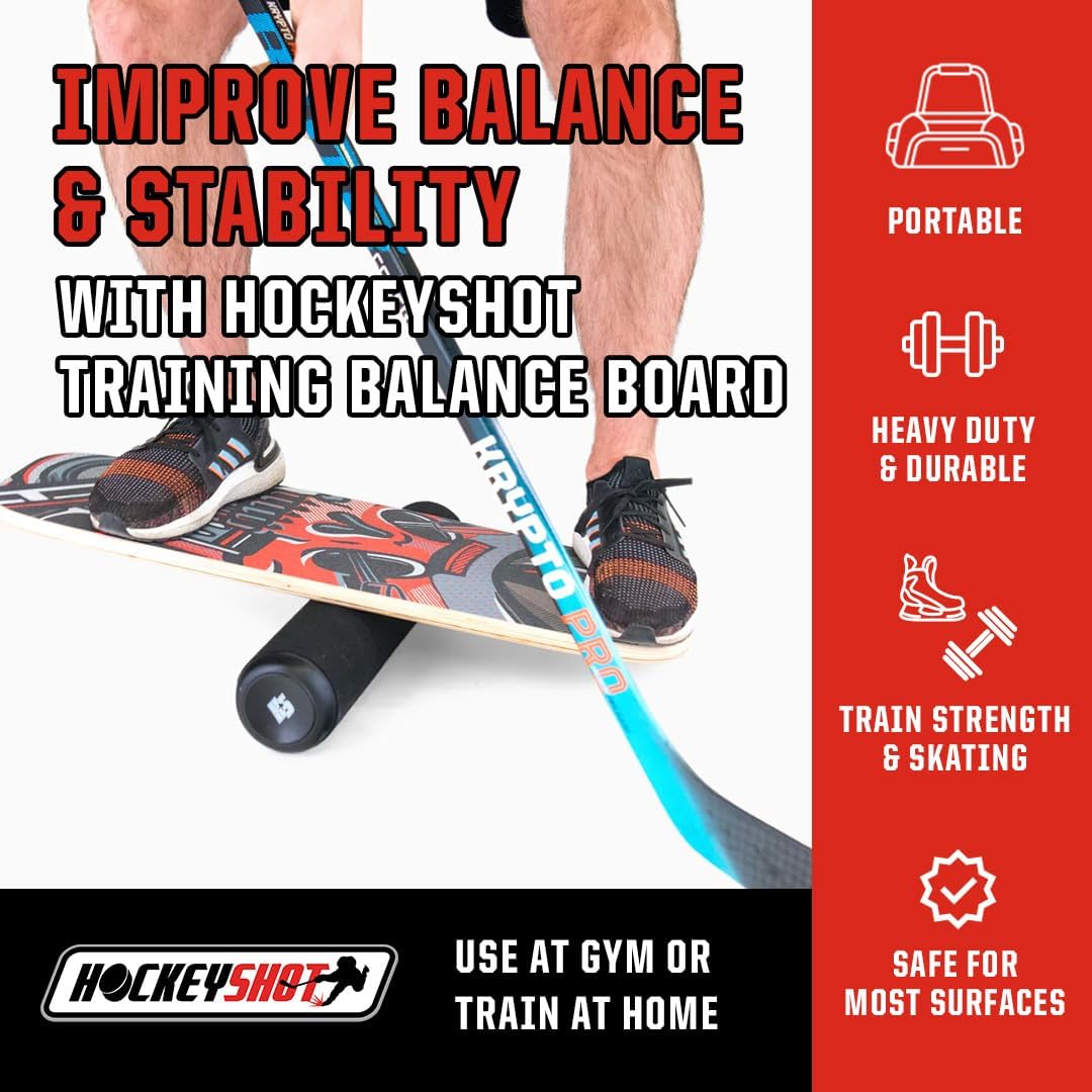 Portable HockeyShot Balance Board for Skating & Strength Training - Heavy Duty Wood Off-Ice Skills Trainer for Kids & Adults