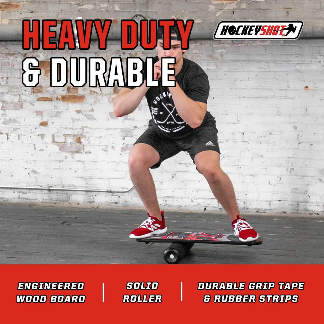 Portable HockeyShot Balance Board for Skating & Strength Training - Heavy Duty Wood Off-Ice Skills Trainer for Kids & Adults