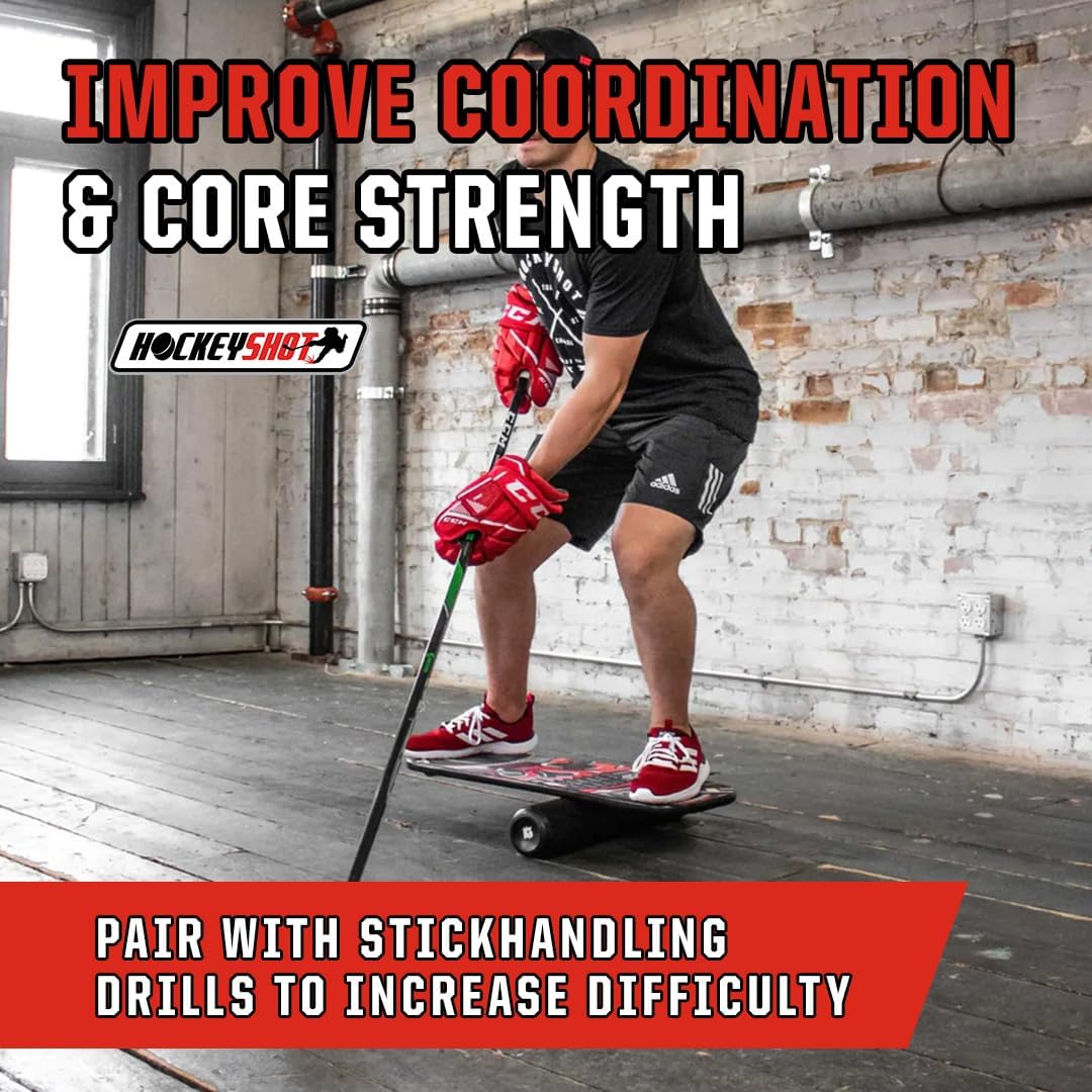 Portable HockeyShot Balance Board for Skating & Strength Training - Heavy Duty Wood Off-Ice Skills Trainer for Kids & Adults