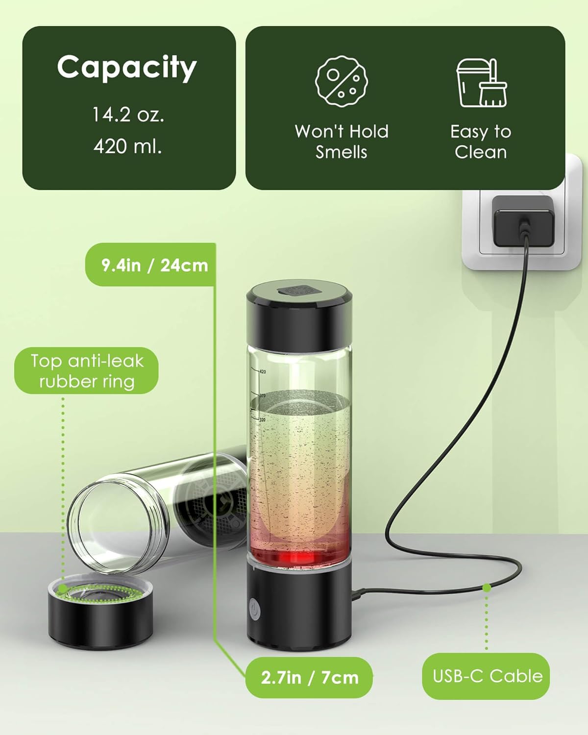 Portable Hydrogen Water Bottle Generator with SPE PEM Technology - 3Min 2200PPB, 14OZ Rechargeable Hydro Water Bottle for Travel - Ideal Birthday Xmas Gift