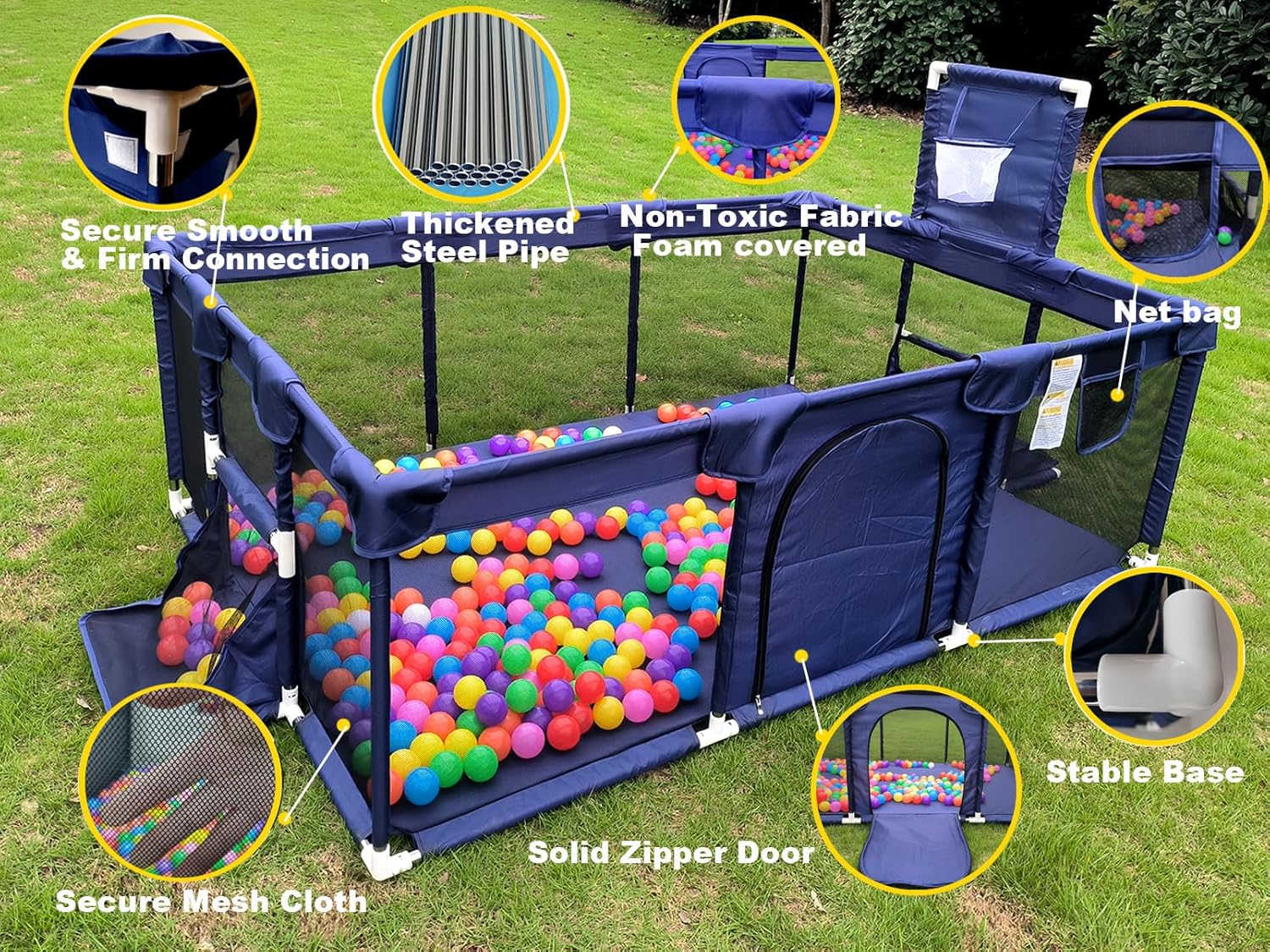 Portable Large Blue Baby Ball Pit Playpen for Toddlers - Indoor Outdoor Safety Play Yard with Fun Activities for Kids - Popular Toy (Balls Not Included)