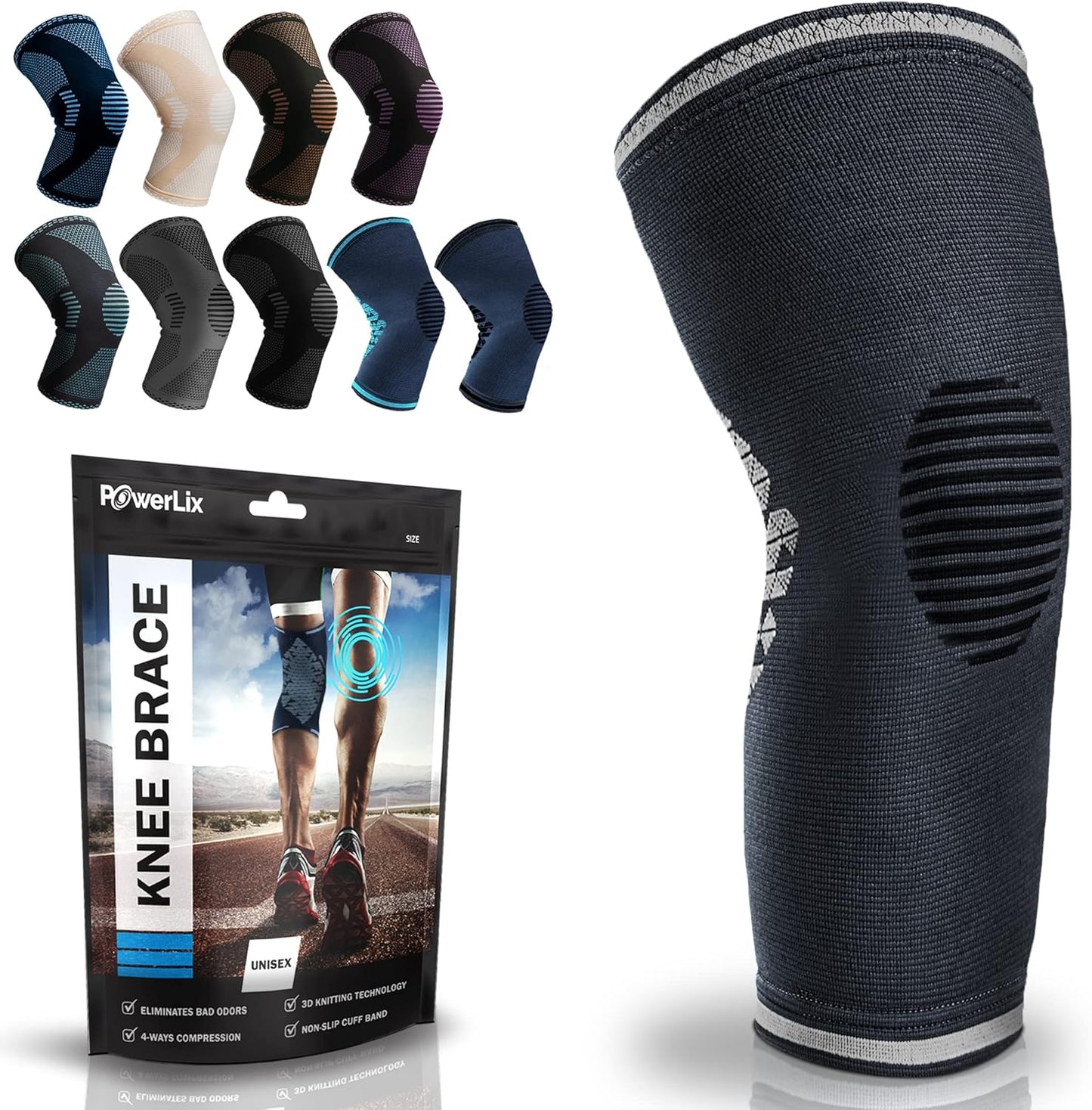 POWERLIX Leg Sleeve - Top Knee Brace for Men & Women with Leg Pain Relief for Running, Basketball, Volleyball, Weightlifting, Gym, Sports - Sizing Chart Included