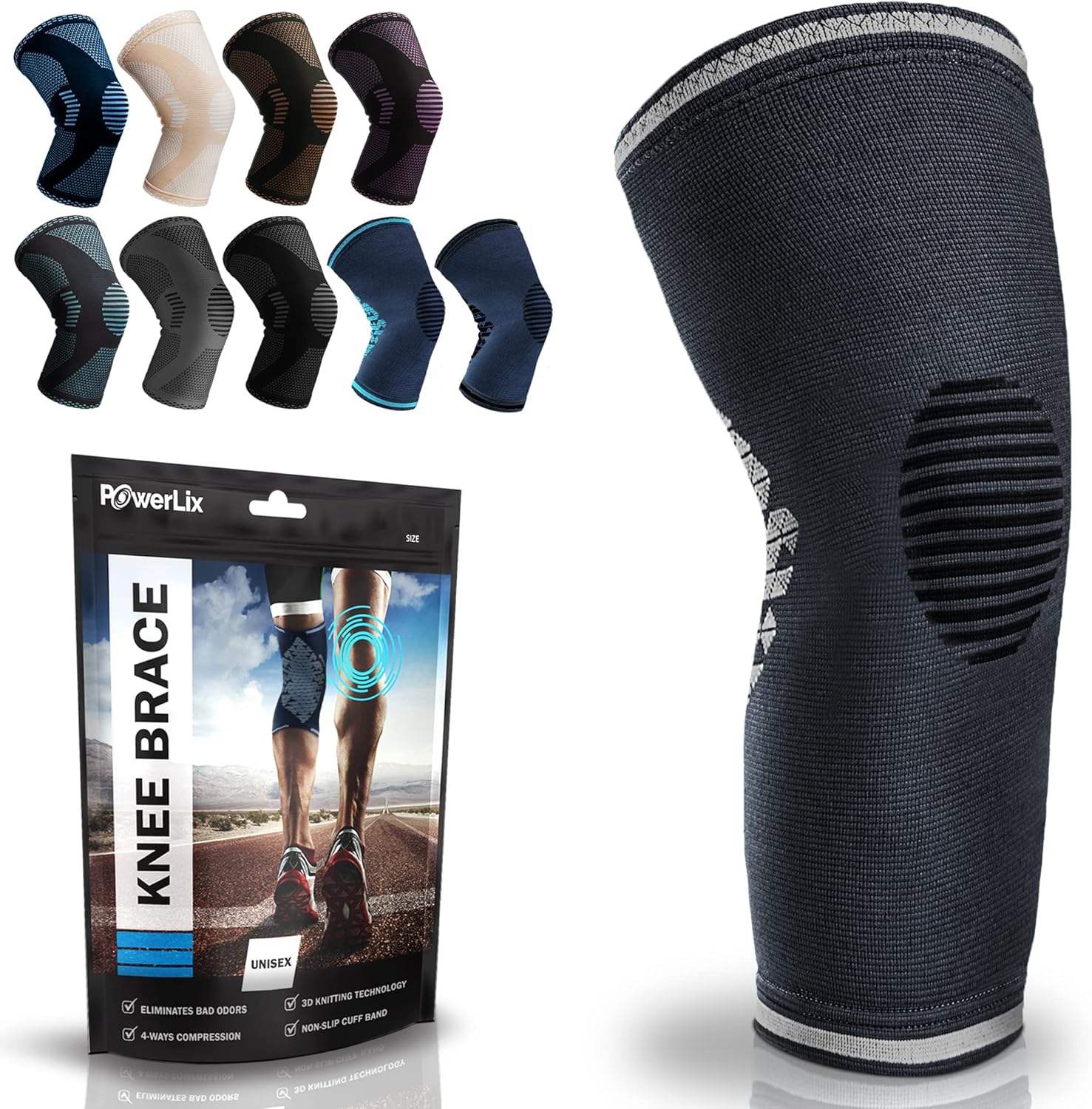 POWERLIX Leg Sleeve - Top Knee Brace for Men & Women with Leg Pain Relief for Running, Basketball, Volleyball, Weightlifting, Gym, Sports - Sizing Chart Included