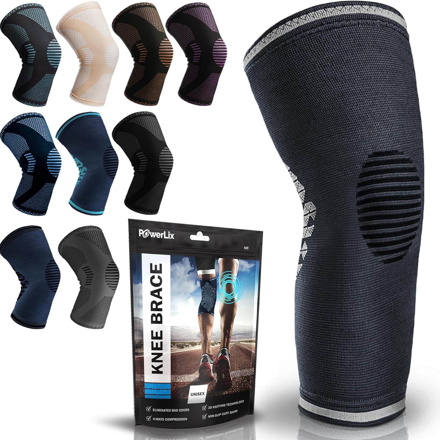 POWERLIX Leg Sleeve - Top Knee Brace for Men & Women - Support for Running, Basketball, Volleyball, Weightlifting - Check Sizing Chart
