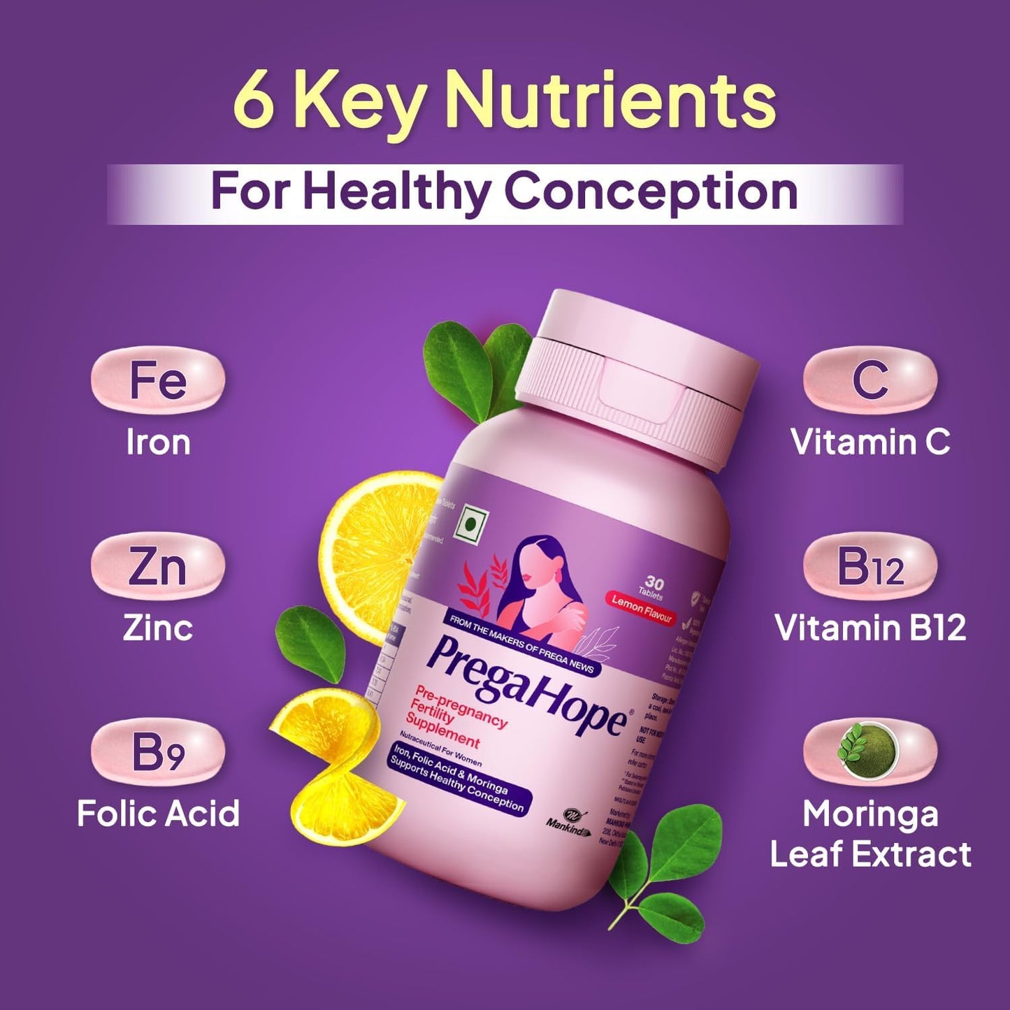 Pre.ga Hope Pre-Pregnancy Fertility Supplement with Iron, Folic Acid, and Moringa - Lemon Flavor, 30 Tablets