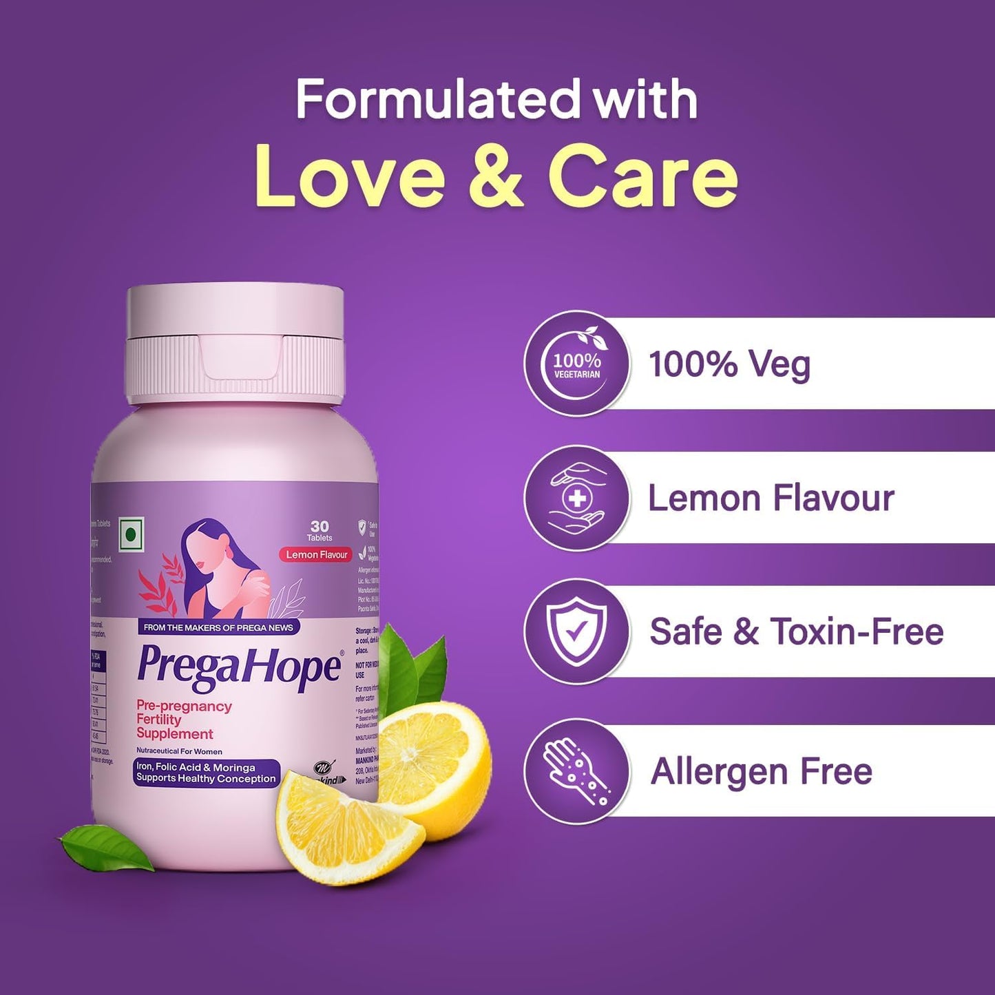 Pre.ga Hope Pre-Pregnancy Fertility Supplement with Iron, Folic Acid, and Moringa - Lemon Flavor, 30 Tablets