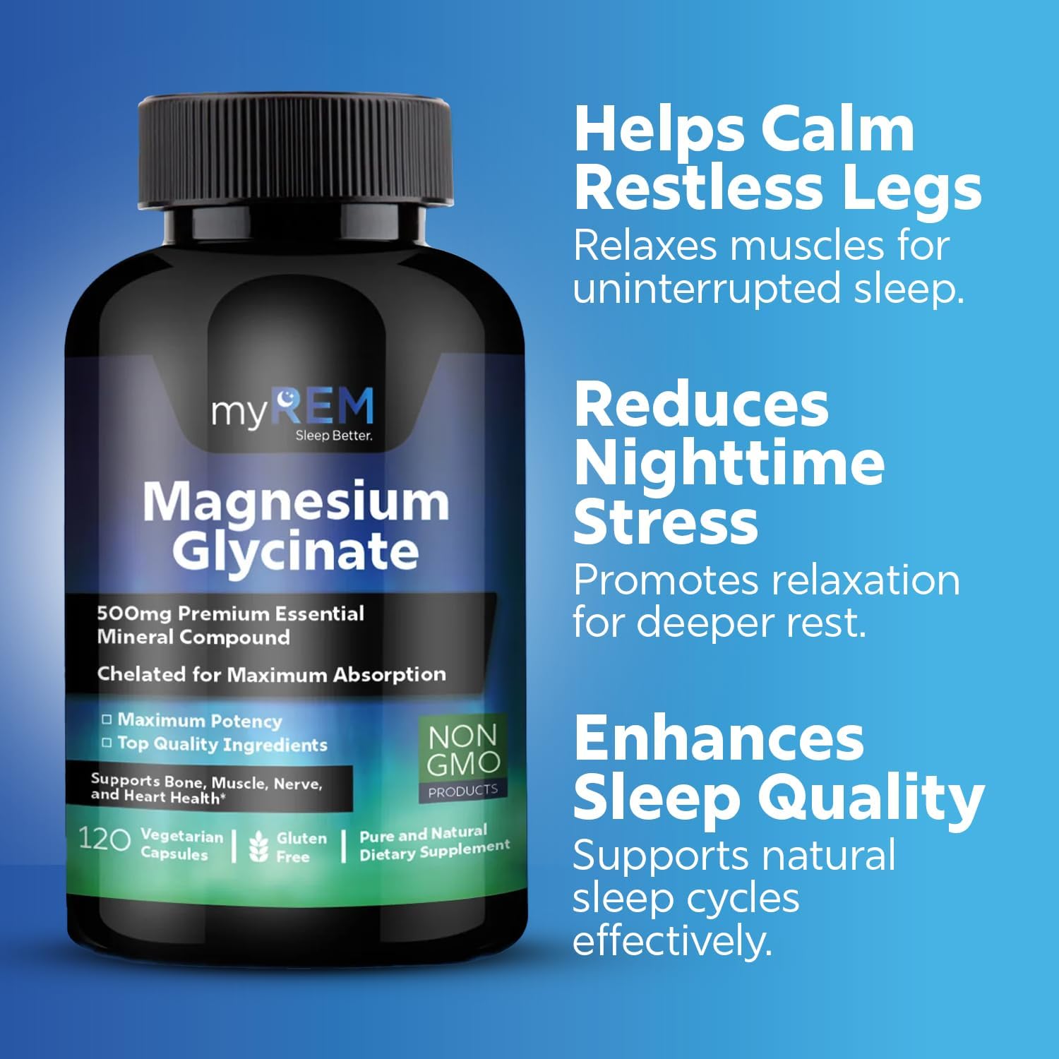 Premium 500mg Magnesium Glycinate Supplement for Bone, Muscle, Nerve, Heart Health - Chelated for Maximum Absorption - 60 Servings