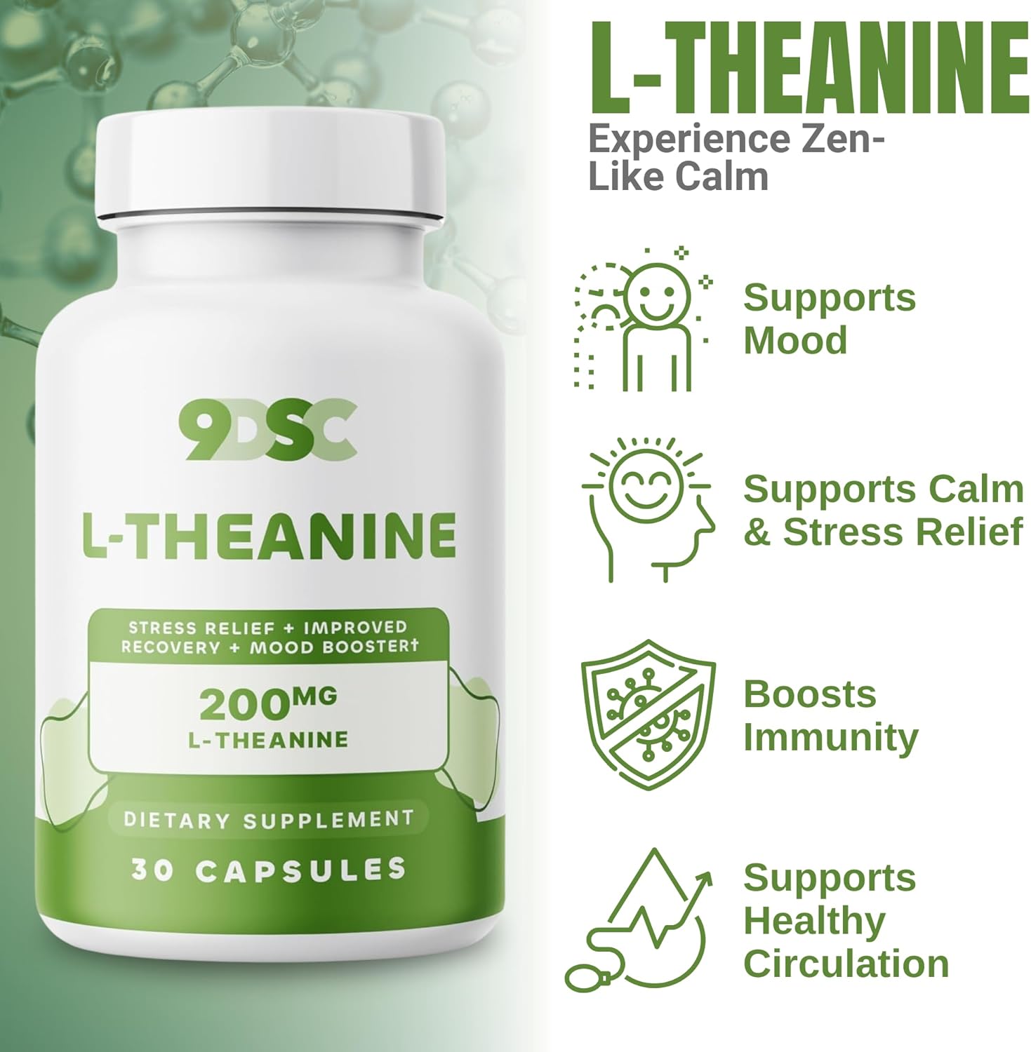 Premium 9DSC L-Theanine Supplement 200mg - 30 Capsules - Double Strength Formula for Relaxation and Sleep Aid - USA Made