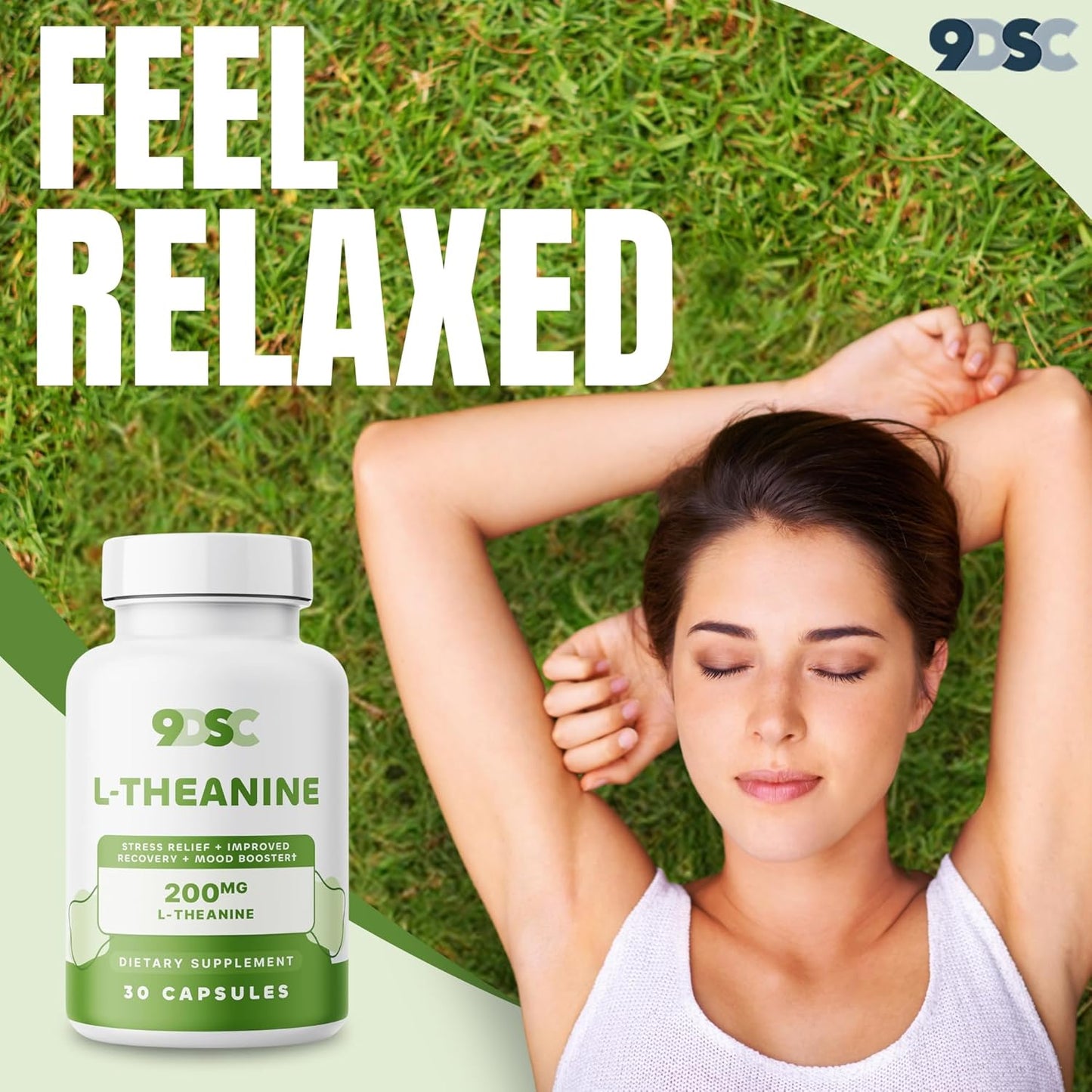 Premium 9DSC L-Theanine Supplement 200mg - 30 Capsules - Double Strength Formula for Relaxation and Sleep Aid - USA Made