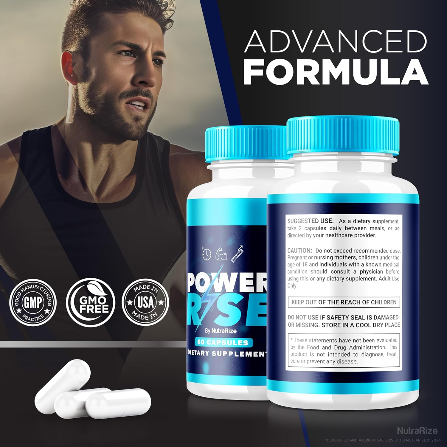 Premium All Natural Male Performance Support Supplement - NutraRize Power Rise for Men (60 Capsules)