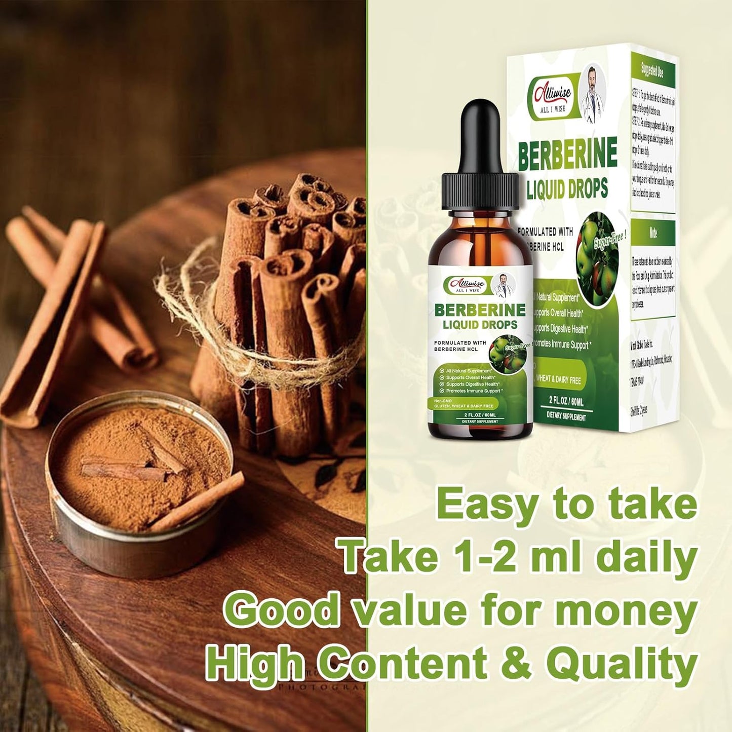 Premium Alliwise Berberine Liquid Drops with Ceylon Cinnamon & Bitter Melon - 1500mg Immune & Digestive Support