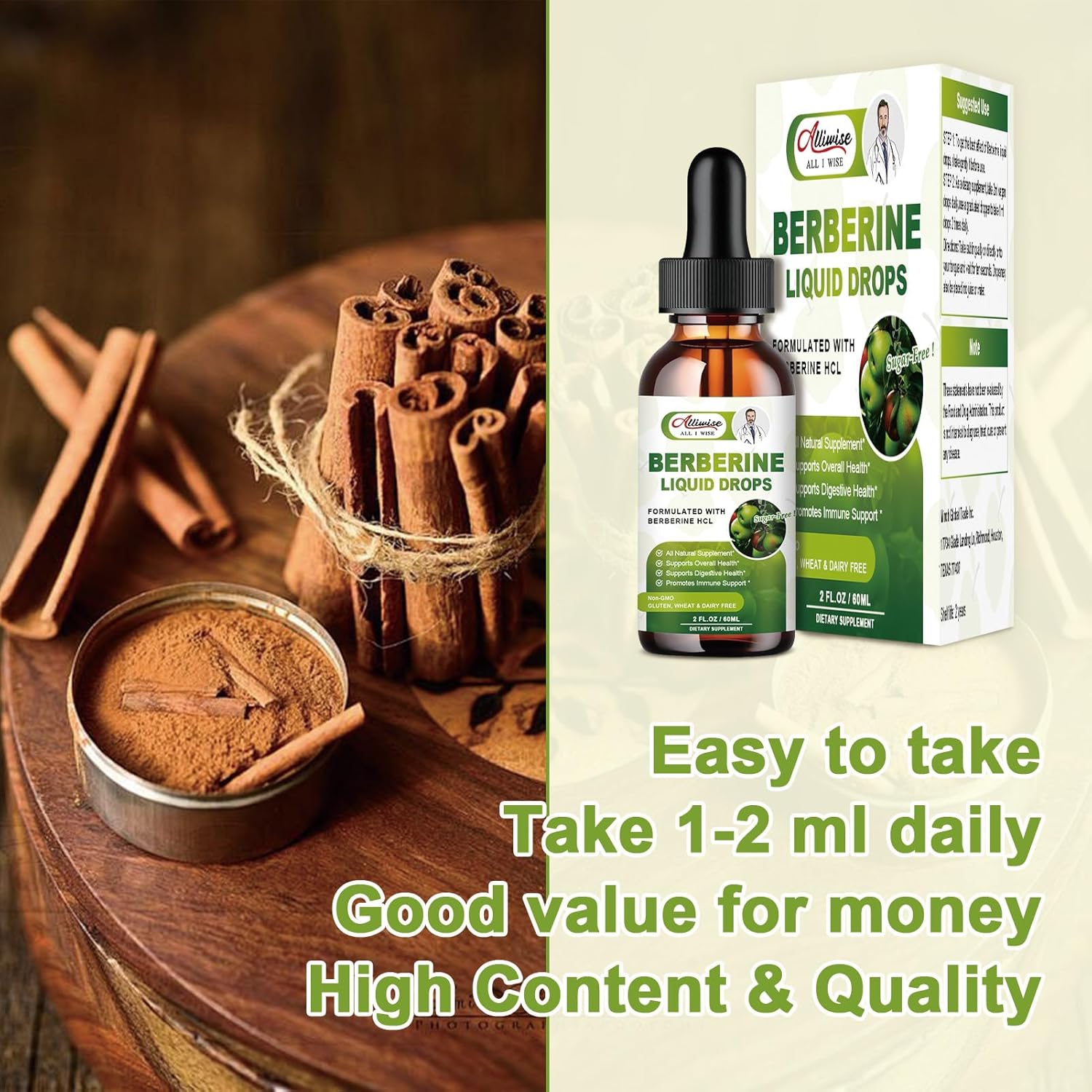 Premium Alliwise Berberine Liquid Drops with Ceylon Cinnamon & Bitter Melon - 1500mg Immune & Digestive Support