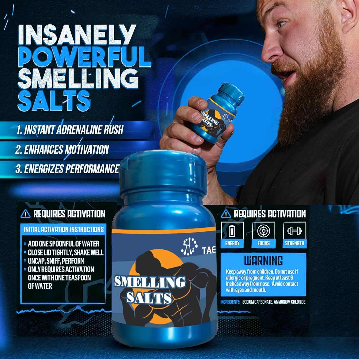 Premium Ammonia Smelling Salts for Athletes - Boost Mental Focus and Power Bursts for Fitness, Weightlifting, Track and Field, Hockey Sport
