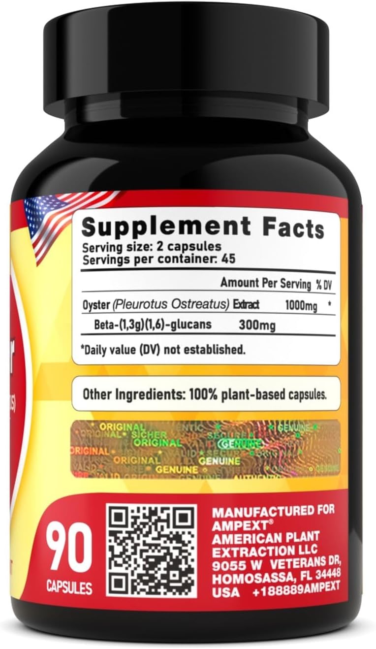 Premium AMPEXT Oyster Mushroom Extract Capsules for Brain, Heart, and Immune Support with Antioxidants - 90 Vegetarian Capsules