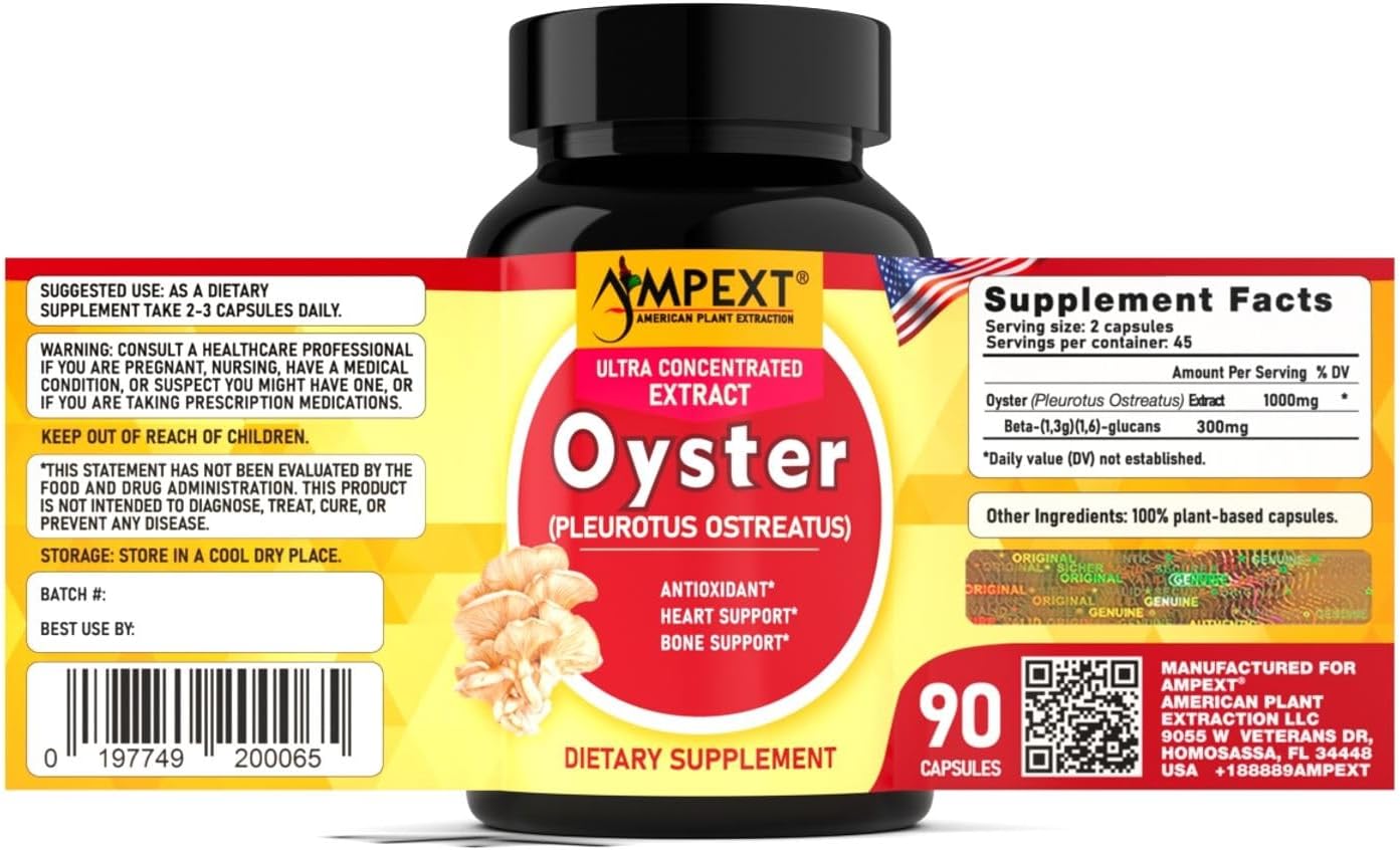 Premium AMPEXT Oyster Mushroom Extract Capsules for Brain, Heart, and Immune Support with Antioxidants - 90 Vegetarian Capsules