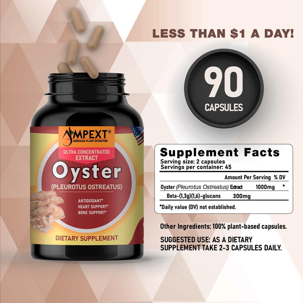 Premium AMPEXT Oyster Mushroom Extract Capsules for Brain, Heart, and Immune Support with Antioxidants - 90 Vegetarian Capsules