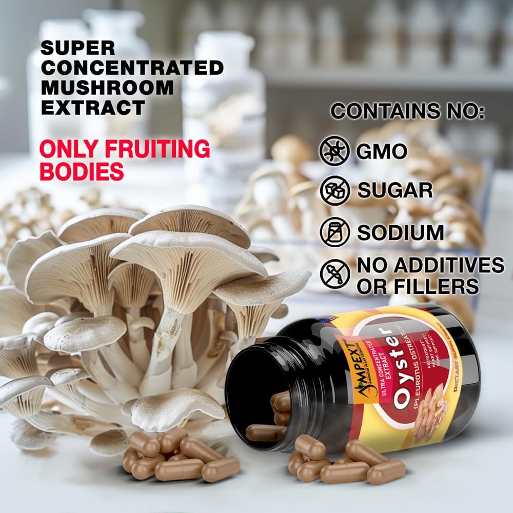 Premium AMPEXT Oyster Mushroom Extract Capsules for Brain, Heart, and Immune Support with Antioxidants - 90 Vegetarian Capsules