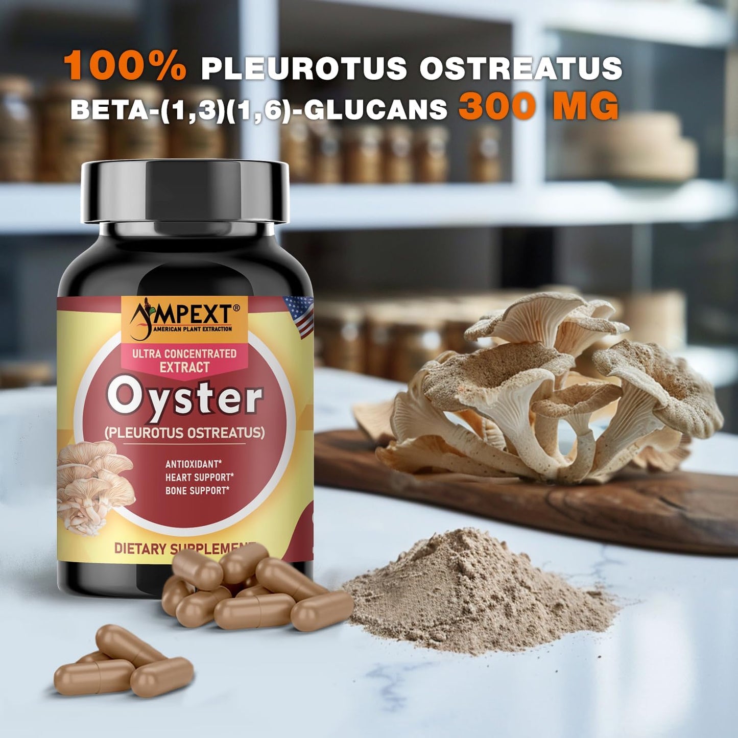 Premium AMPEXT Oyster Mushroom Extract Capsules for Brain, Heart, and Immune Support with Antioxidants - 90 Vegetarian Capsules