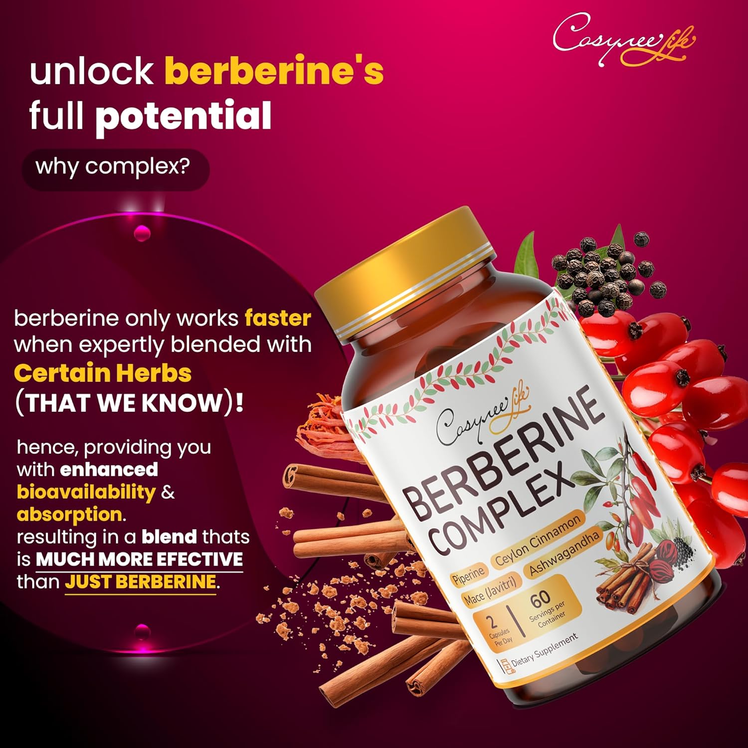 Premium Berberine HCL Capsules with True Ceylon Cinnamon for Immune System Support and Healthy Management - 1200mg, 120 Capsules