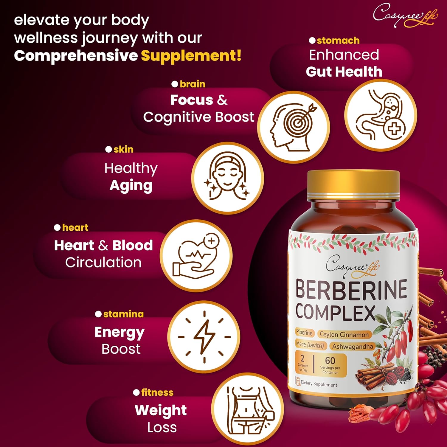 Premium Berberine HCL Capsules with True Ceylon Cinnamon for Immune System Support and Healthy Management - 1200mg, 120 Capsules