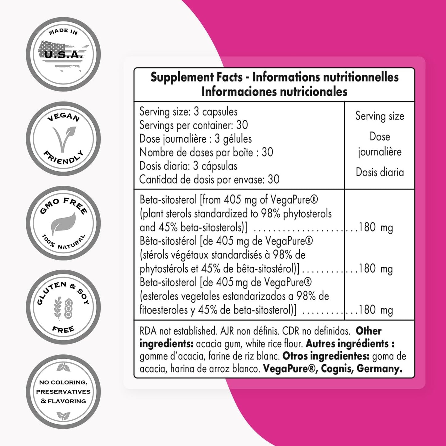Premium Beta-Sitosterol Supplement - 180mg Daily Dose - Plant Sterols Extract for Men - Non-GMO & Gluten Free - 90 Capsules