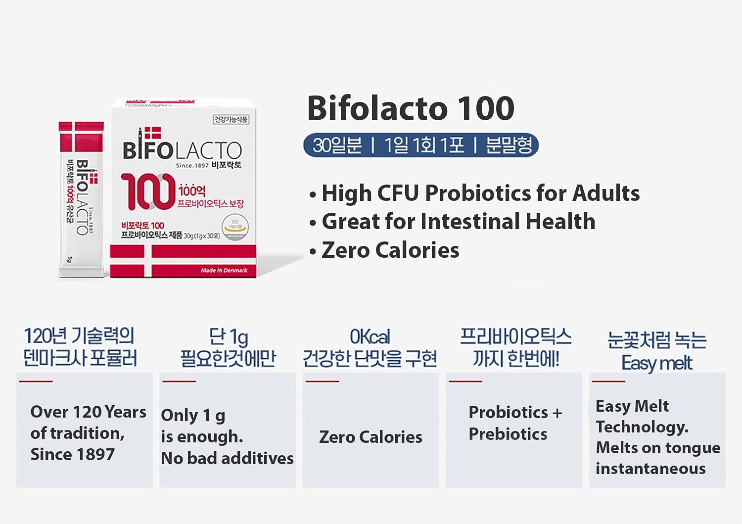 Premium Bifolacto 100 Probiotics from Denmark with Prebiotics, 44.2 Billion CFU, Zero Calorie, Non-Dairy, Travel-Friendly & No Water Required