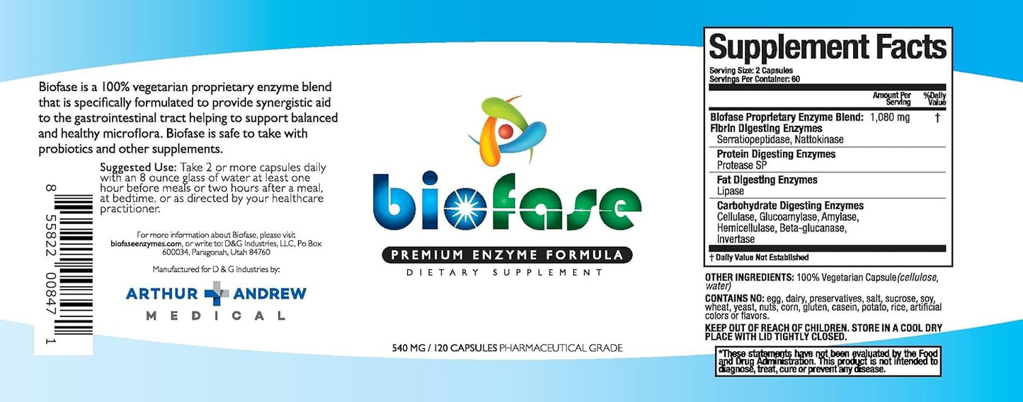 Premium Biofase Enzyme Formula 120 Capsules - Biofilm Defense & Digestion Support - Systemic Enzymes for Intestinal Health - No Fillers