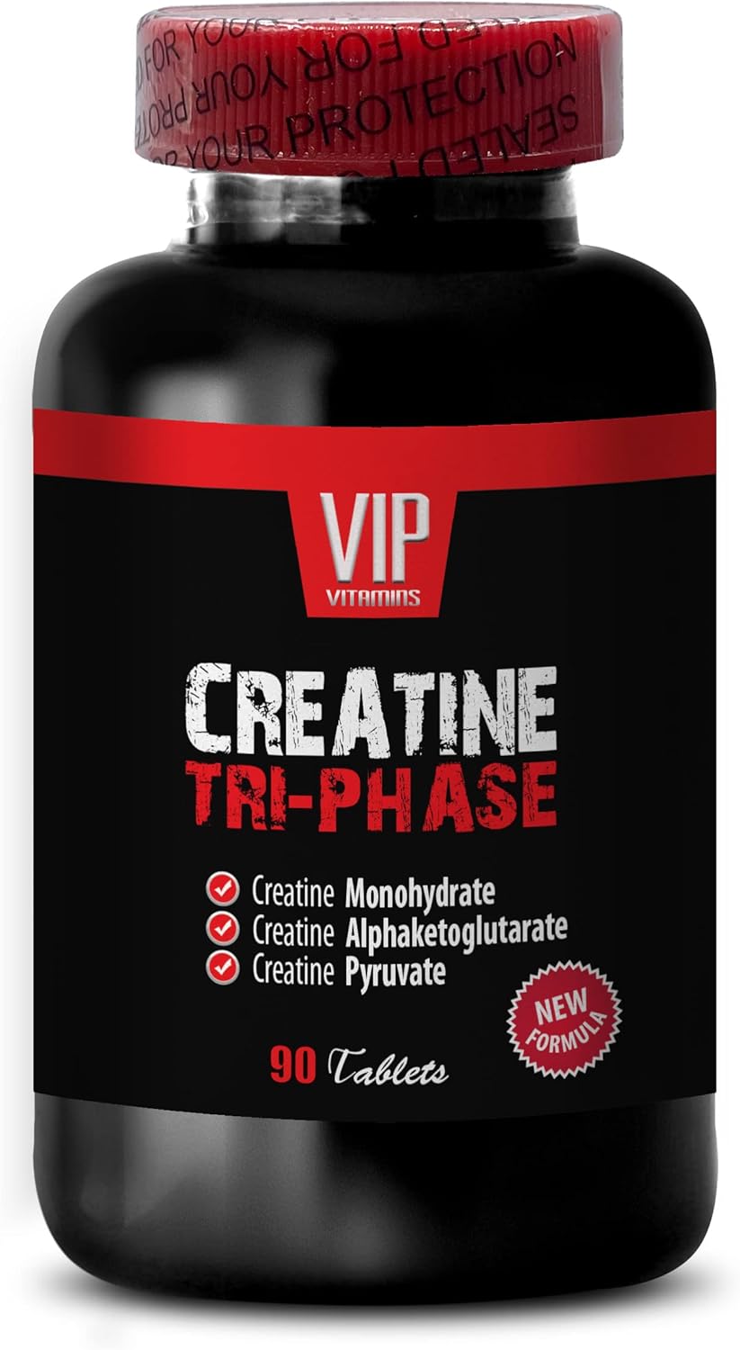 Premium Blend VIP VITAMINS Creatine Tri-phase Supplement for Men and Women - 90 Tablets - Monohydrate, Pyruvate, Alphaketoglutarate Formula