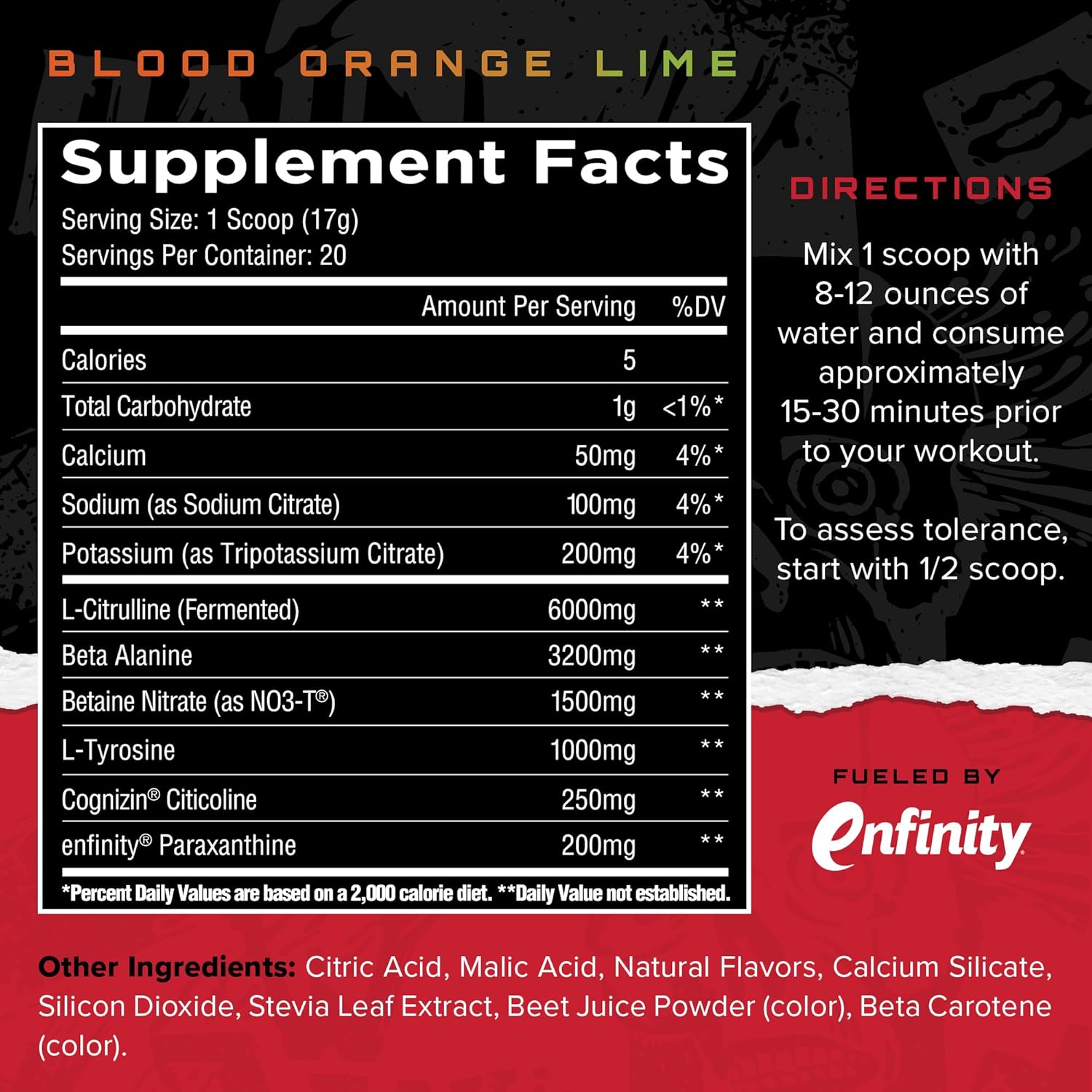 Premium Blood Orange Lime Pre Workout Powder with Paraxanthine, Beta Alanine & NO3-T Nitrates | Unisex Formula | Natural Flavors | 20 Servings