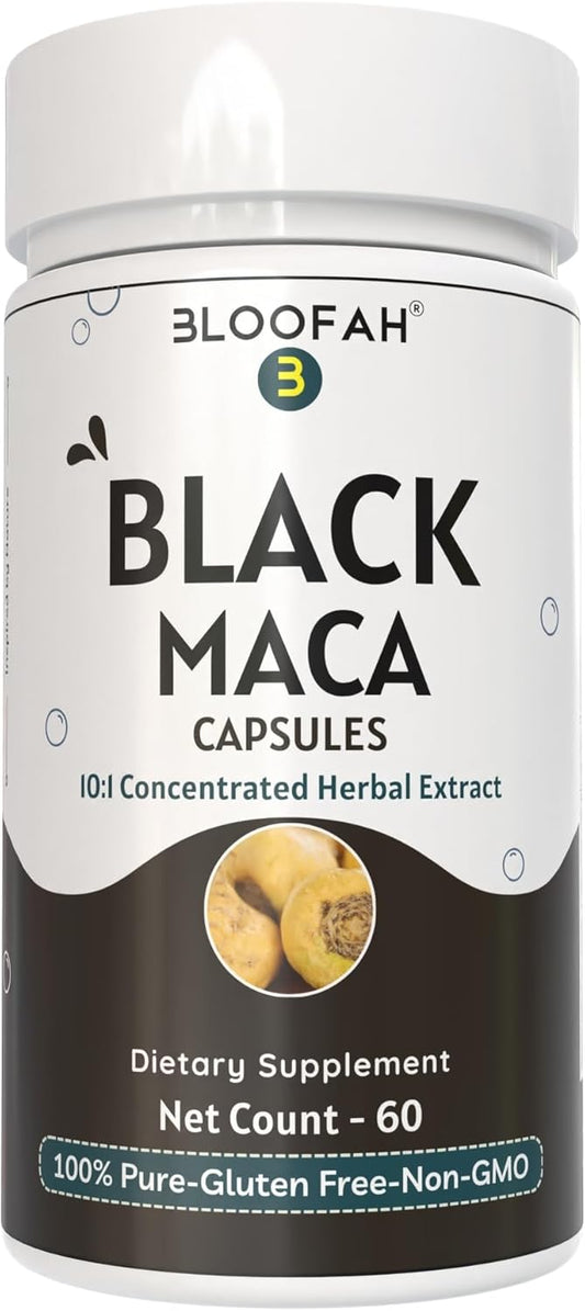 Premium Bloofah Black Maca Capsules - 500mg Herbal Supplement with Concentrated 10:1 Extract Powder - Non-GMO & Gluten-Free Maca Root Extract - 60 Count Pack for Herbal Nutrition