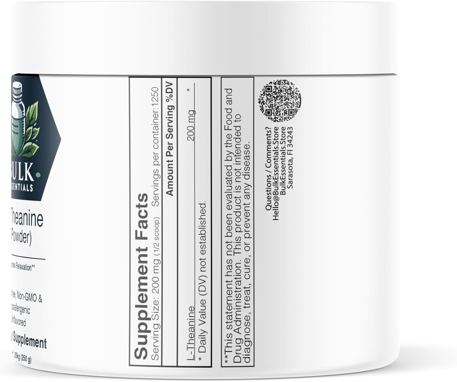 Premium Bulk L-Theanine Powder Supplement - 200mg Amino Acid - Pure & Gluten-Free - 250g Supply