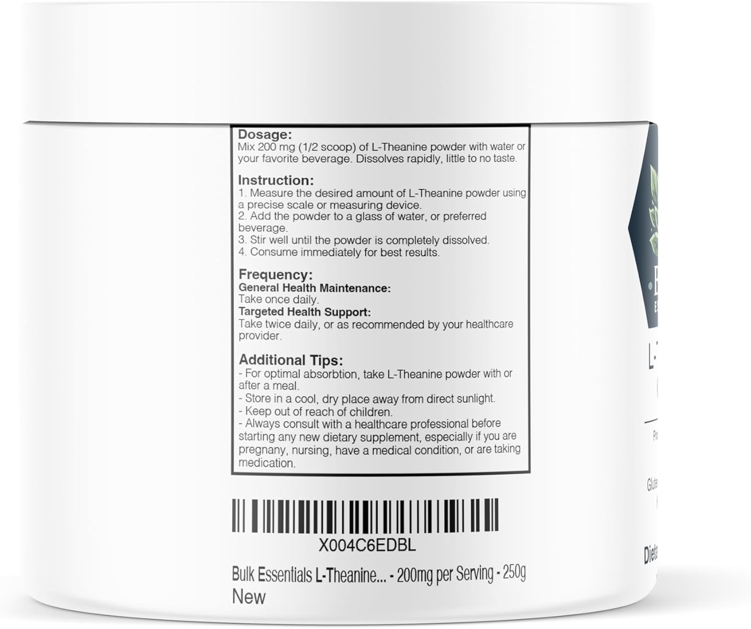 Premium Bulk L-Theanine Powder Supplement - 200mg Amino Acid - Pure & Gluten-Free - 250g Supply