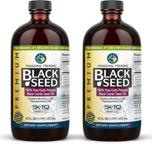 Premium Cold Pressed Black Seed Oil - Gluten Free, Non GMO - Supports Digestive Health, Immune System, Brain Function - 16 Fl Oz (Pack of 2)