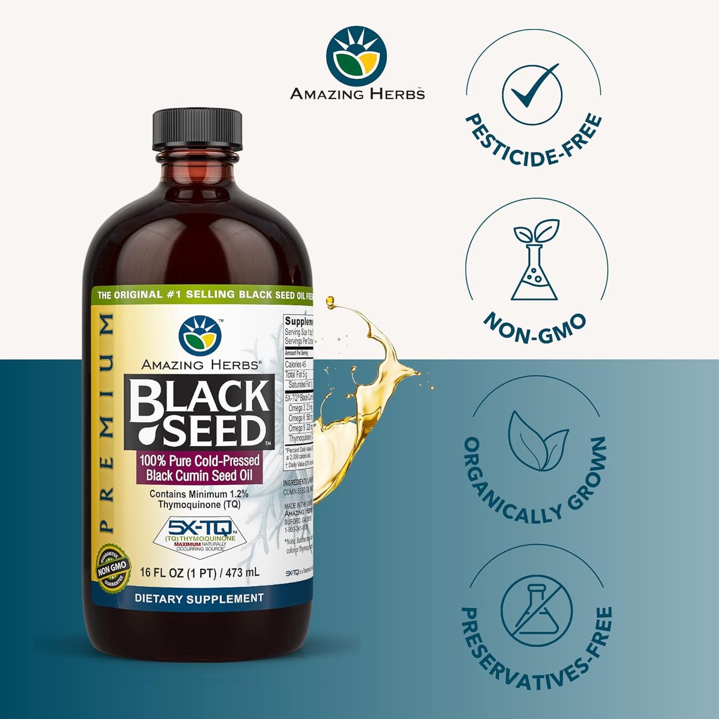 Premium Cold Pressed Black Seed Oil - Gluten Free, Non GMO - Supports Digestive Health, Immune System, Brain Function - 16 Fl Oz (Pack of 2)