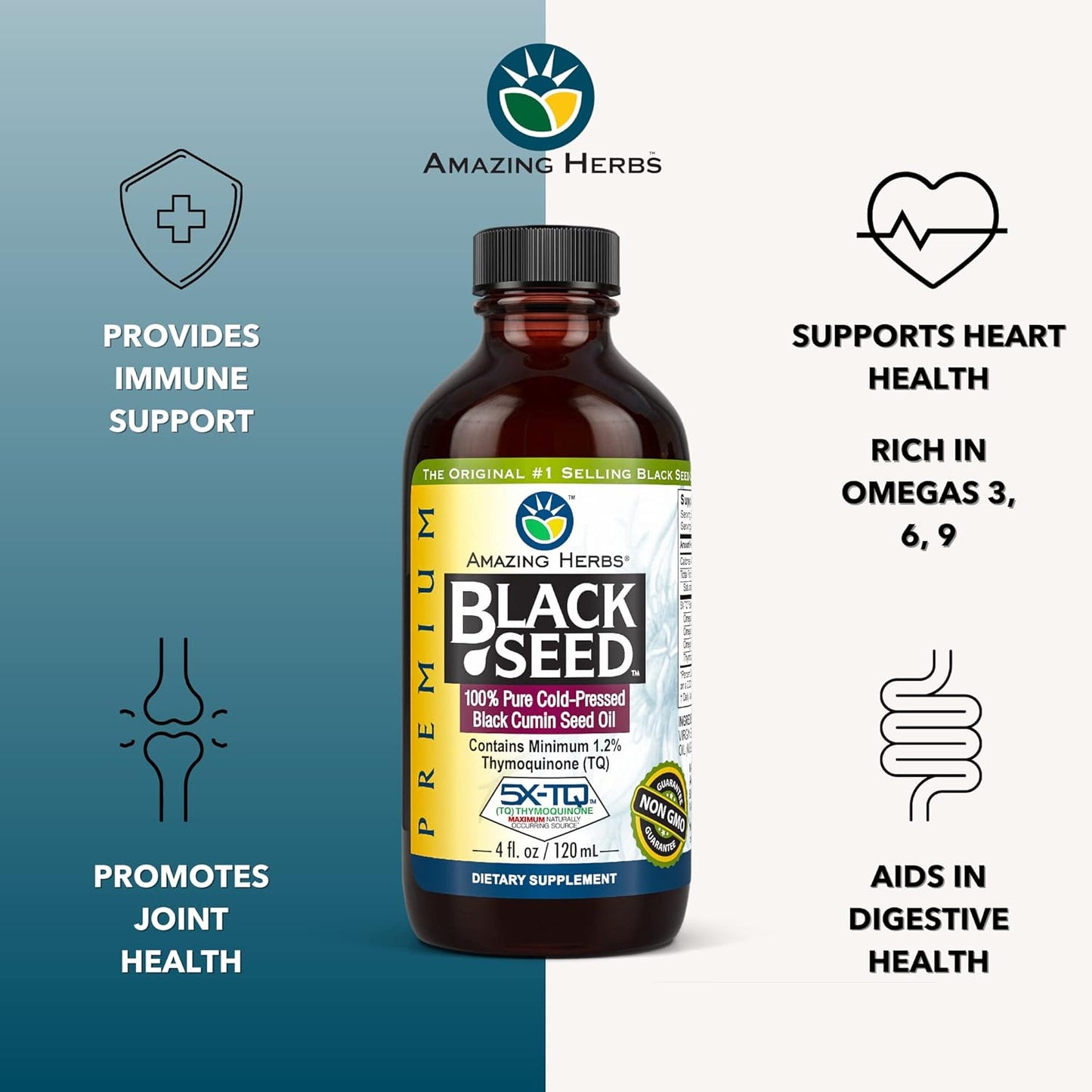 Premium Cold Pressed Black Seed Oil - Gluten Free, Non GMO, 4 Fl Oz - Supports Digestive Health, Immune System, Brain Function