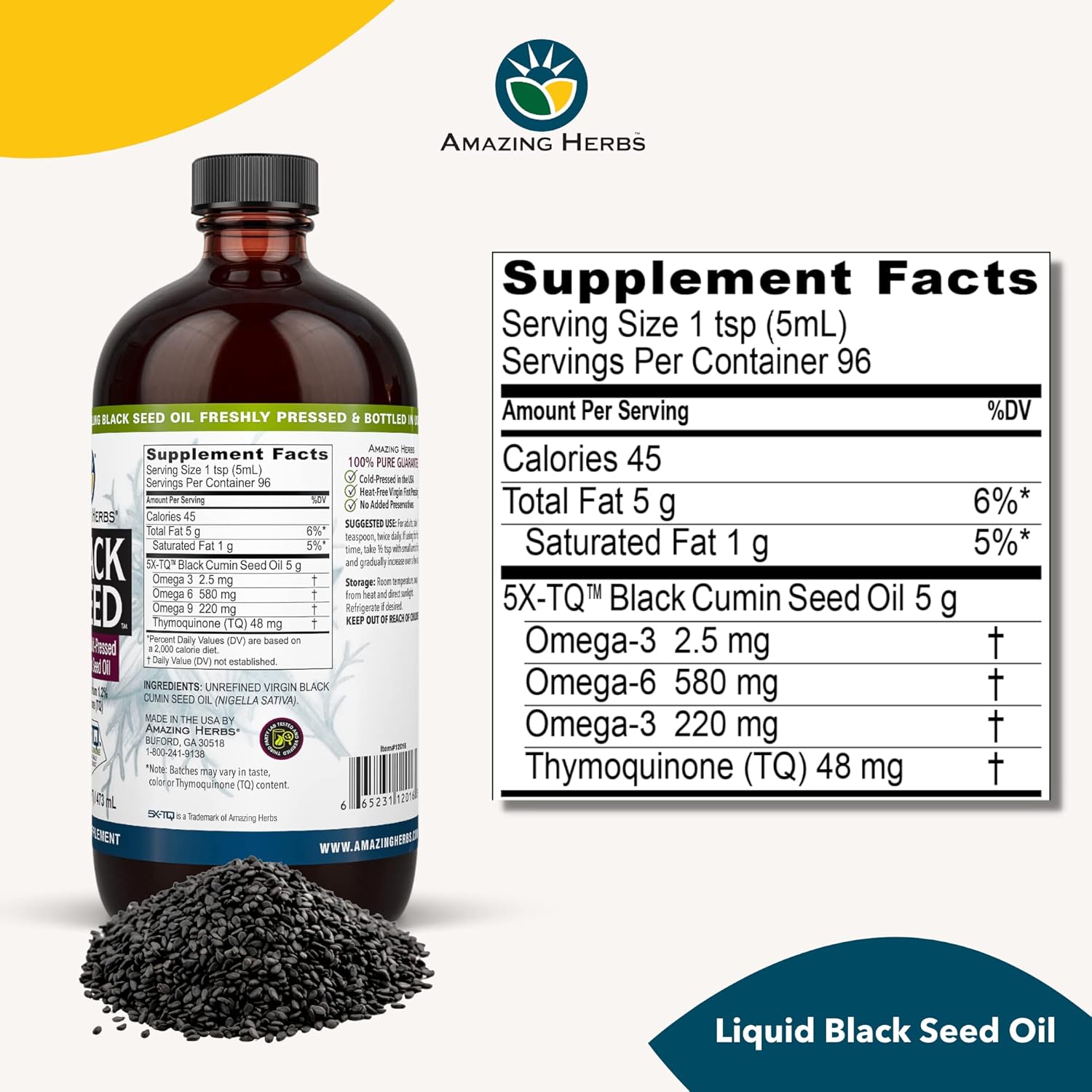 Premium Cold Pressed Black Seed Oil - Gluten Free, Non GMO - Supports Digestive Health, Immune System, Brain Function - 16 Fl Oz (Pack of 2)