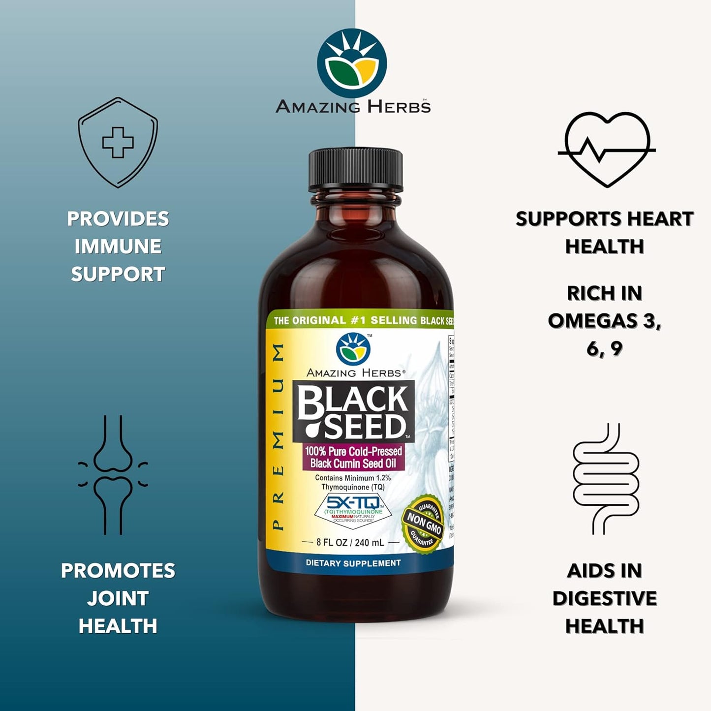 Premium Cold Pressed Black Seed Oil for Digestive Health, Immune Support, and Brain Function - Gluten Free and Non GMO - 8 Fl Oz (2 Pack)