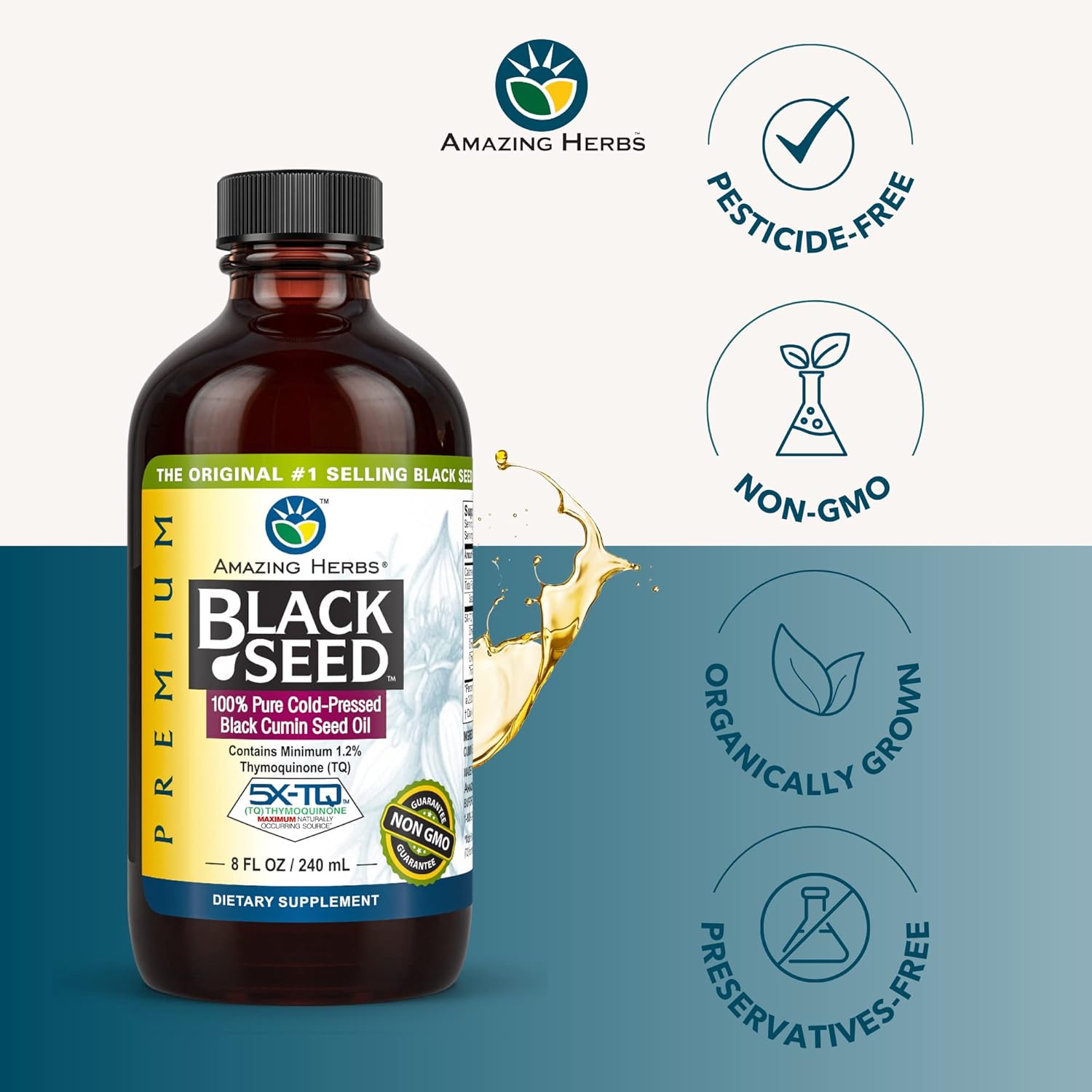 Premium Cold Pressed Black Seed Oil for Digestive Health, Immune Support, and Brain Function - Gluten Free and Non GMO - 8 Fl Oz (2 Pack)