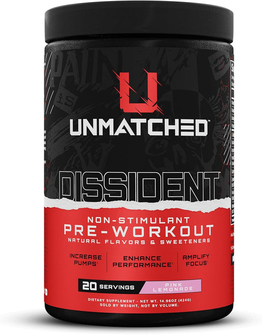 Premium Dissident Non Stimulant Pre Workout Powder - Citrulline, Beta Alanine, Peak ATP - Natural Flavors & Sweeteners - 20 Servings - Men & Women - Pink Lemonade Flavor