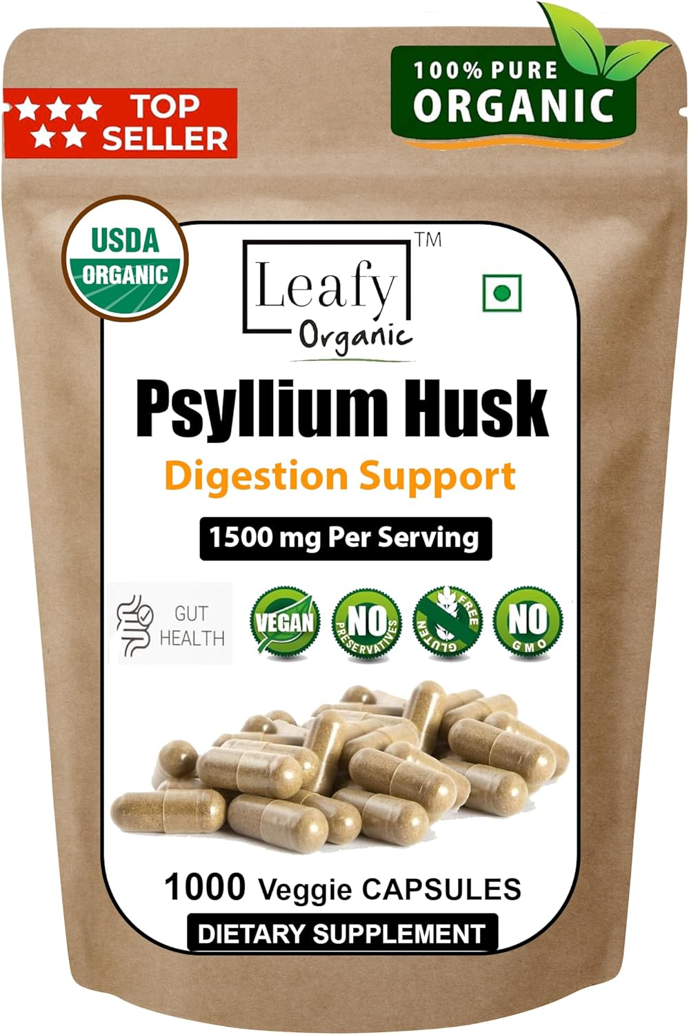 Premium Double Strength Organic Psyllium Husk Capsules 1500mg - 1000 Count - Natural Soluble Fiber Supplement for Digestion and Regularity