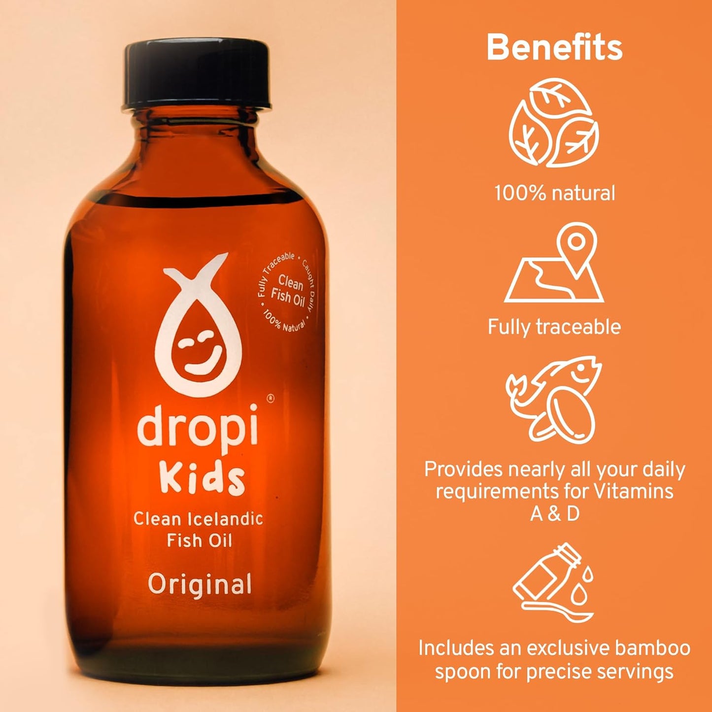 Premium Dropi Kids Liquid Omega-3 Fish Oil Supplement with EPA, DHA, Vitamin A & D - Immune, Brain, and Joint Support - 3.7 Fl Oz