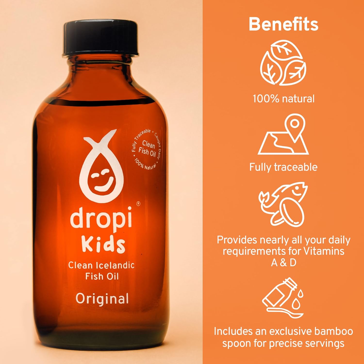 Premium Dropi Kids Liquid Omega-3 Fish Oil Supplement with EPA, DHA, Vitamin A & D - Immune, Brain, and Joint Support - 3.7 Fl Oz